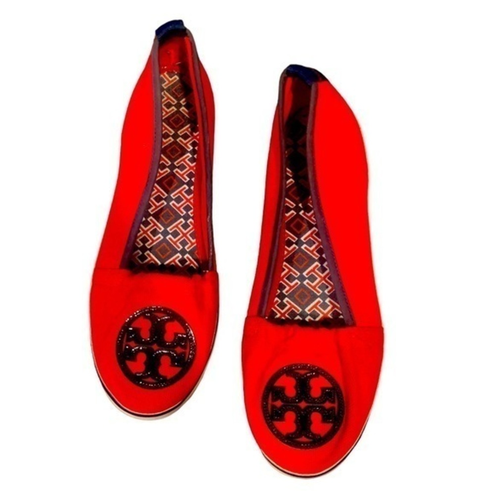 Tory Burch Red Canvas With Navy Logo Slides! Exce… - image 1